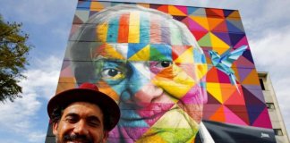 Kobra pinta Mario Quintana em sua primeira obra em Porto Alegre